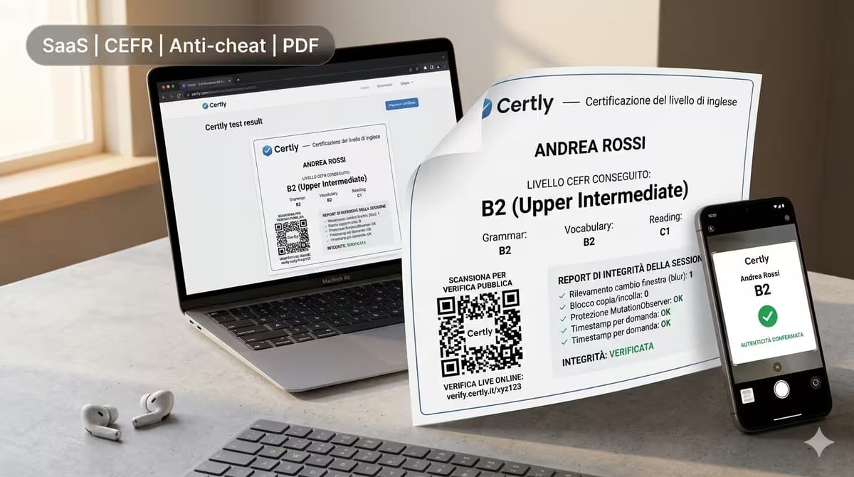 Schermata del certificato Certly con livello CEFR, report di integrità e QR code di verifica
