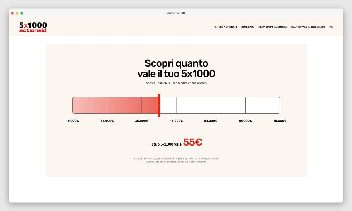 Landing page ActionAid 5x1000 con widget calcolatore interattivo