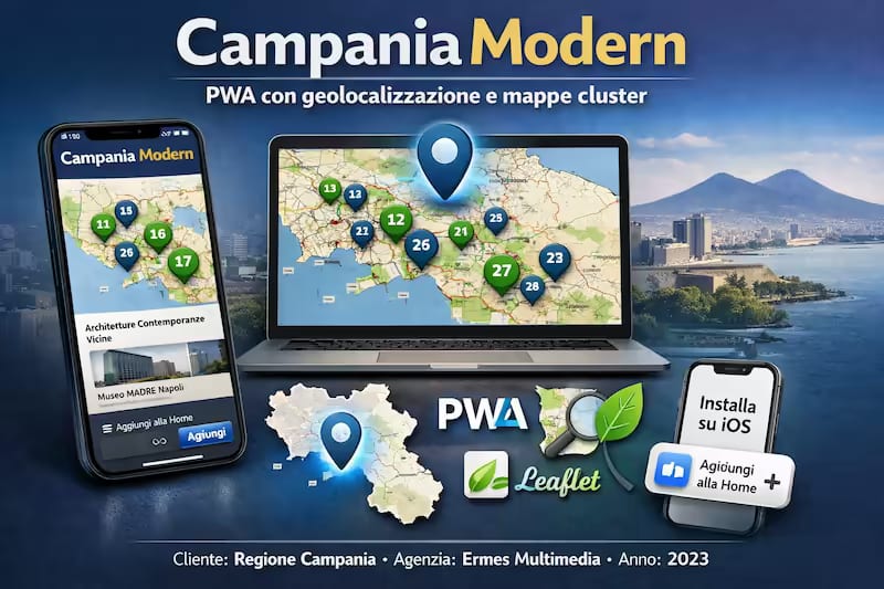 Schermata della PWA con mappa cluster delle architetture campane