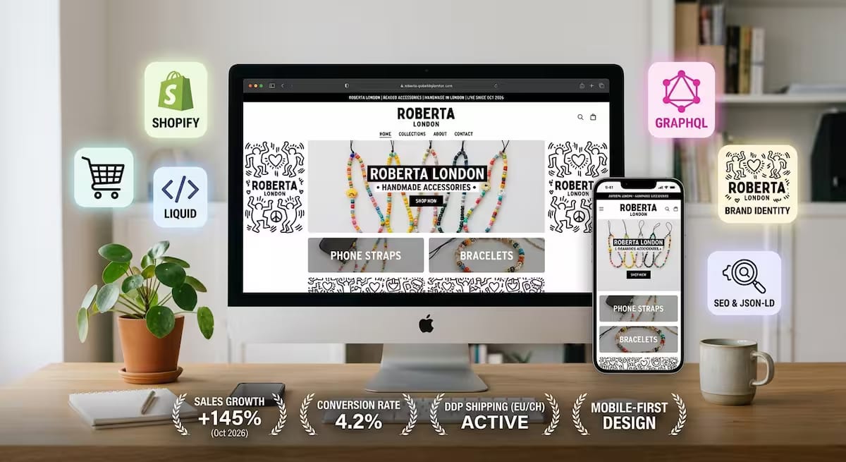 Homepage dello store ROBERTA in bianco e nero con doodle Keith Haring e phone strap colorati