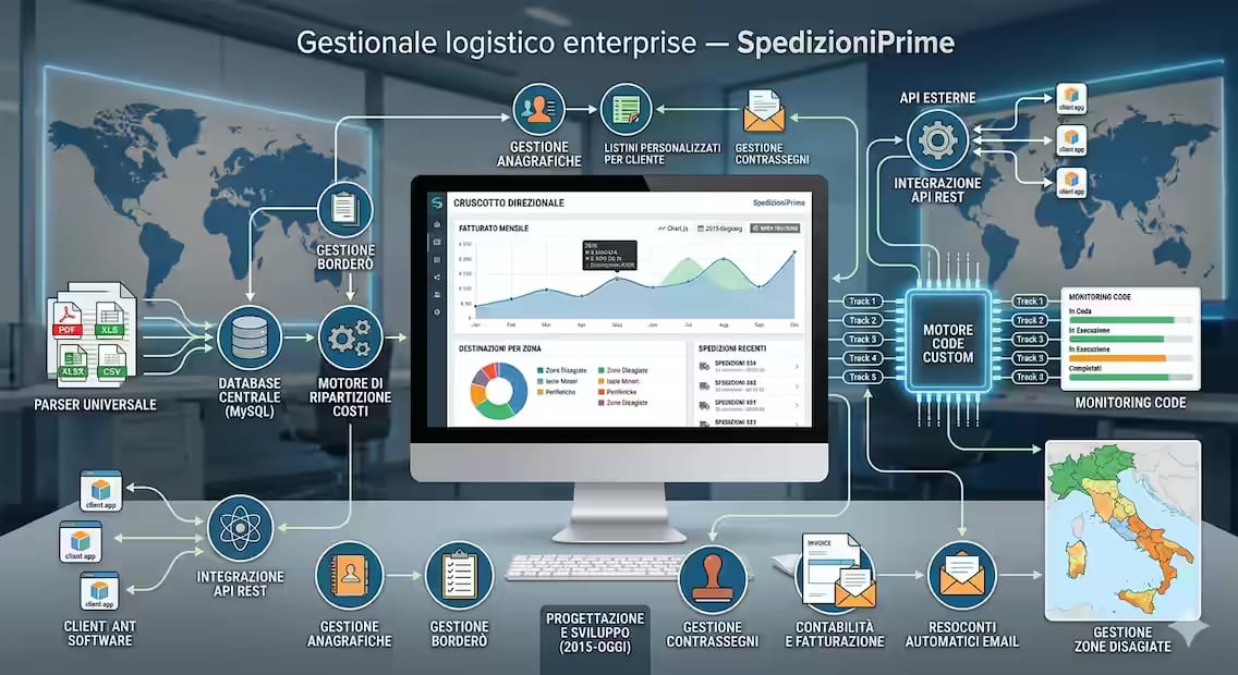 Dashboard del gestionale con analisi fatturati e gestione spedizioni