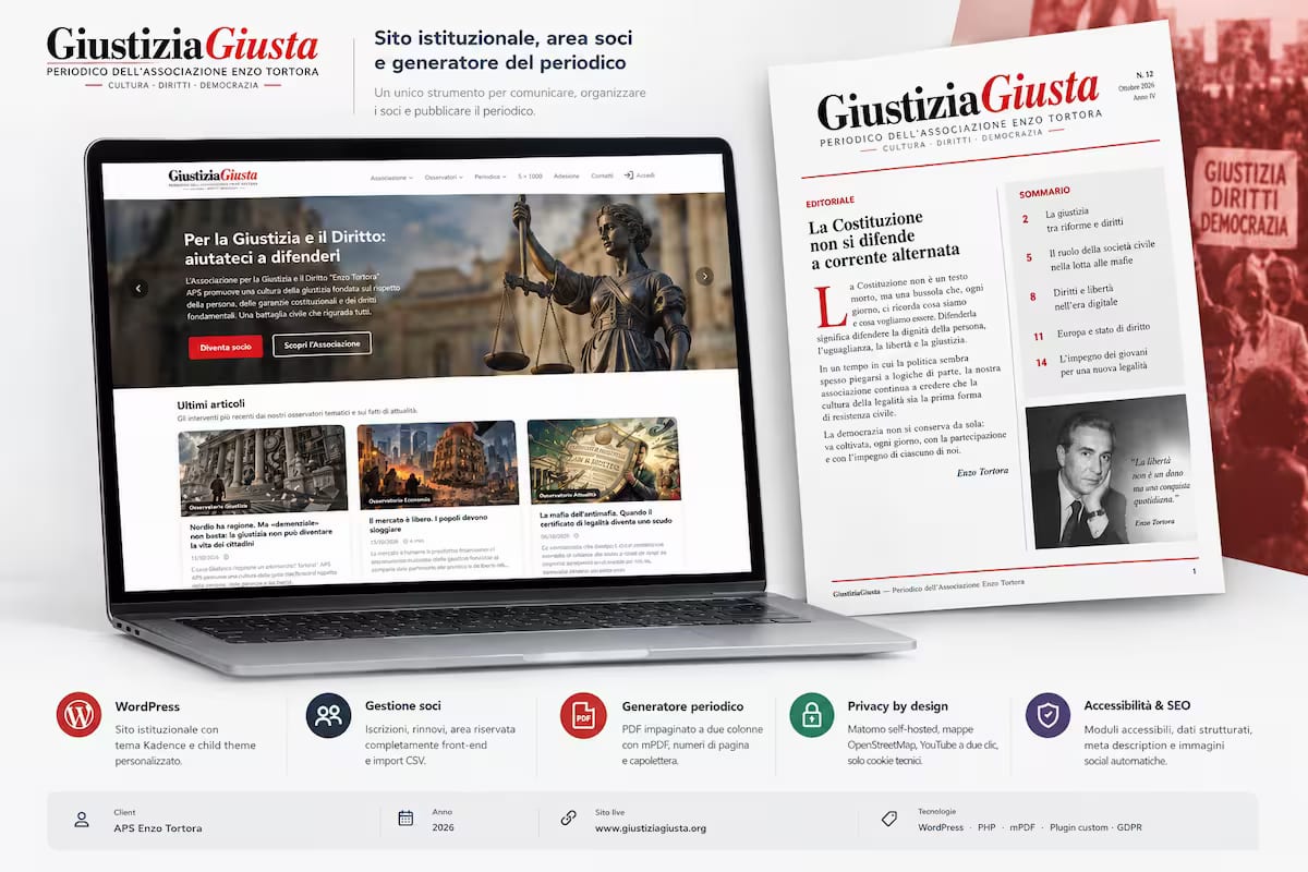 Home page di GiustiziaGiusta.org e prima pagina del periodico generato in PDF